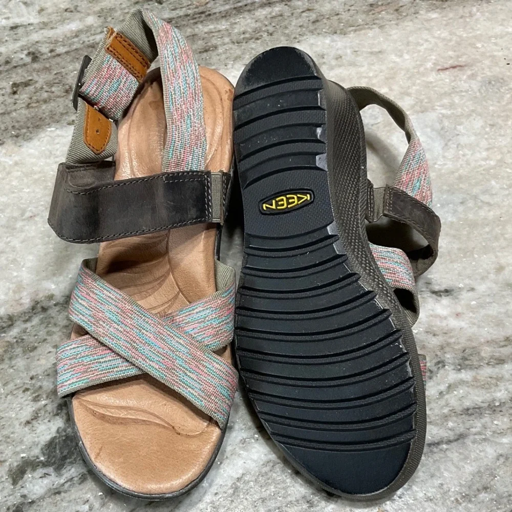 Keen Wedge Sandals Womens 5 Leather Woven Strappy Brown Multicolor Comfort